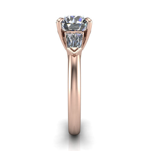 Gracie round three stone engagement ring in 18K Rose Gold, side profile showing the baguette side stones and polished band