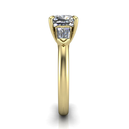 Gracie cushion three stone engagement ring in 18K Yellow Gold, side profile showing the baguette side stones and polished band