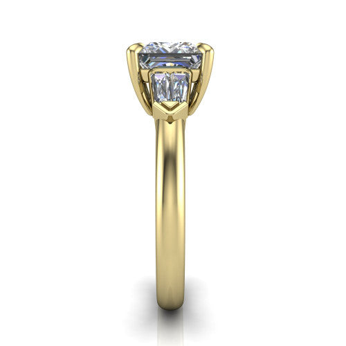 Gracie princess three stone engagement ring in 14K Yellow Gold, side profile showing the baguette side stones and polished band