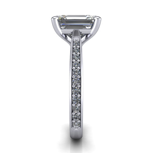 Ruby emerald classic engagement ring in 14K White Gold, side profile showing the cathedral shoulders and the round diamonds running down the shank