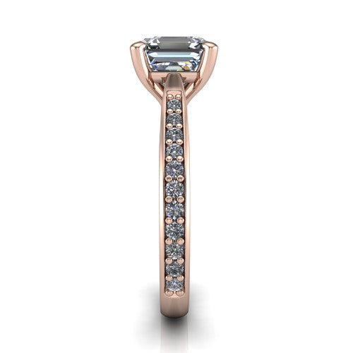 Ruby asscher classic engagement ring in 18K Rose Gold, side profile showing the cathedral shoulders and the round diamonds running down the shank