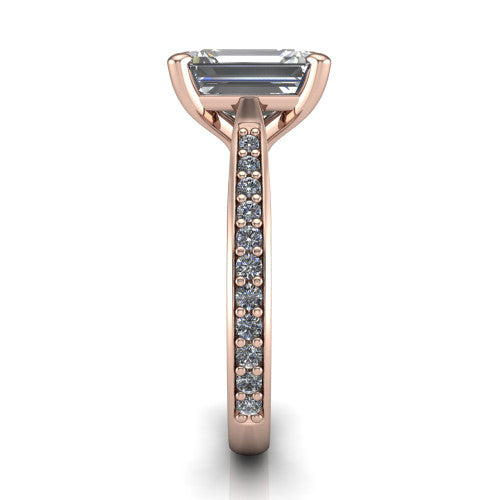 Ruby emerald classic engagement ring in 14K Rose Gold, side profile showing the cathedral shoulders and the round diamonds running down the shank