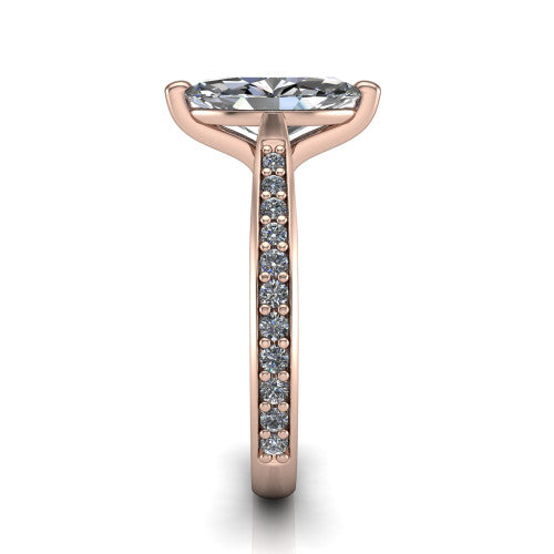 Ruby marquise classic engagement ring in 14K Rose Gold, side profile showing the cathedral shoulders and the round diamonds running down the shank