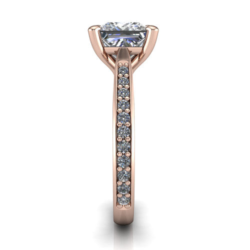 Ruby princess classic engagement ring in 14K Rose Gold, side profile showing the cathedral shoulders and the round diamonds running down the shank