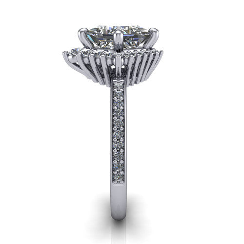 Persephone princess halo engagement ring in 14K White Gold, side profile showing the pear and round accent cluster and the pavé diamonds down the shank
