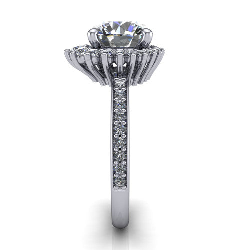Persephone round halo engagement ring in 14K White Gold, side profile showing the pear and round accent cluster and the pavé diamonds down the shank