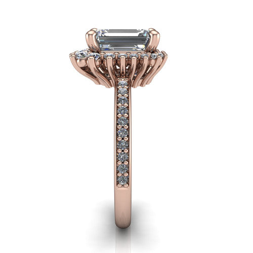 Persephone emerald halo engagement ring in 14K Rose Gold, side profile showing the pear and round accent cluster and the pavé diamonds down the shank