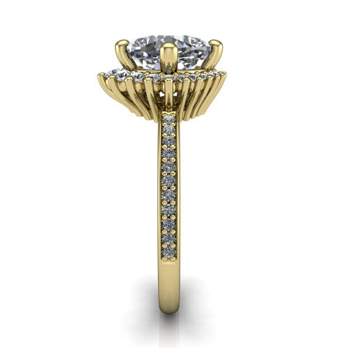 Persephone cushion halo engagement ring in 18K Yellow Gold, side profile showing the pear and round accent cluster and the pavé diamonds down the shank
