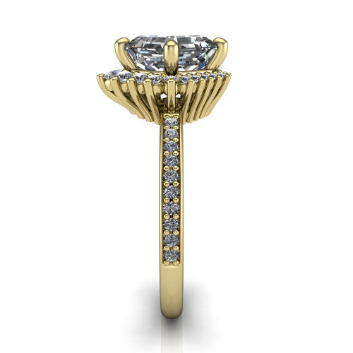 Persephone asscher halo engagement ring in 14K Yellow Gold, side profile showing the pear and round accent cluster and the pavé diamonds down the shank