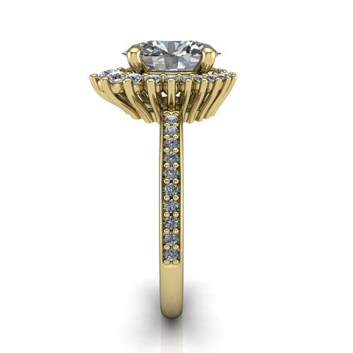 Persephone oval halo engagement ring in 14K Yellow Gold, side profile showing the pear and round accent cluster and the pavé diamonds down the shank
