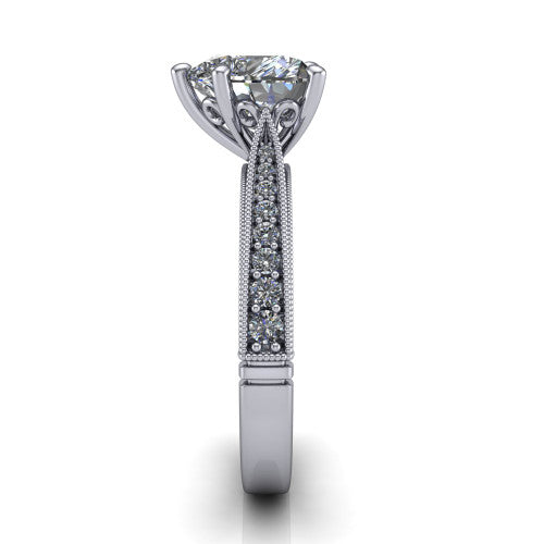 Maeve heart classic engagement ring in 18K White Gold, side profile showing the milgrain edges and the round diamonds running down the shank