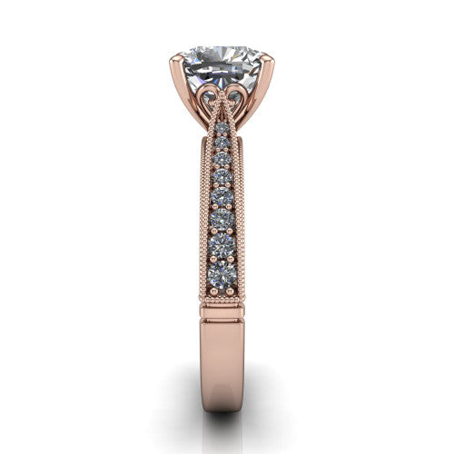 Maeve cushion classic engagement ring in 14K Rose Gold, side profile showing the milgrain edges and the round diamonds running down the shank