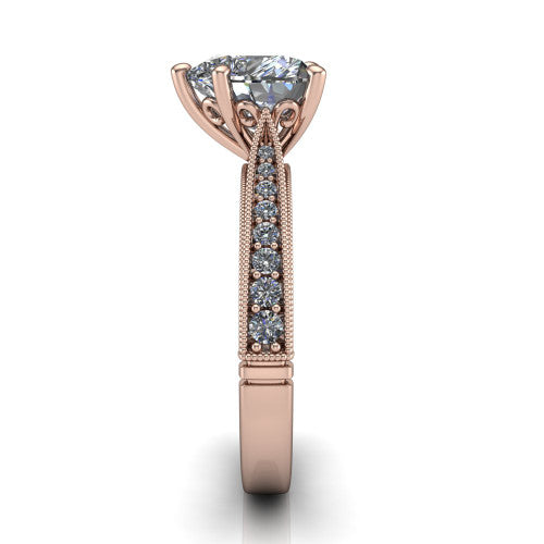 Maeve heart classic engagement ring in 14K Rose Gold, side profile showing the milgrain edges and the round diamonds running down the shank