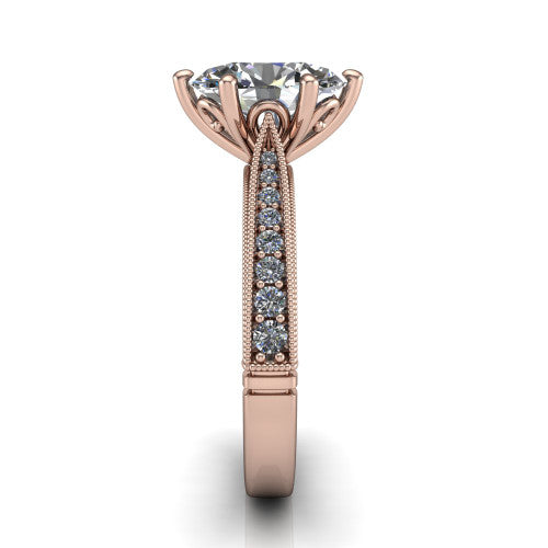 Maeve oval classic engagement ring in 14K Rose Gold, side profile showing the milgrain edges and the round diamonds running down the shank