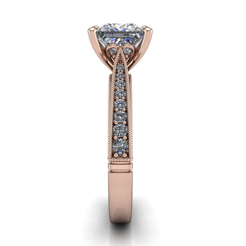 Maeve princess classic engagement ring in 14K Rose Gold, side profile showing the milgrain edges and the round diamonds running down the shank