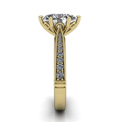 Maeve oval classic engagement ring in 14K Yellow Gold, side profile showing the milgrain edges and the round diamonds running down the shank