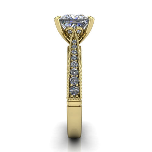 Maeve princess classic engagement ring in 14K Yellow Gold, side profile showing the milgrain edges and the round diamonds running down the shank