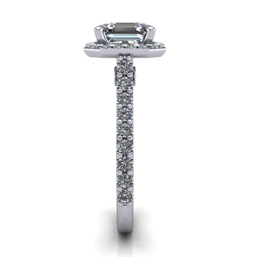 Rowan asscher halo engagement ring in Platinum, side profile showing the pavé diamonds running down the shank and the hidden gallery accent