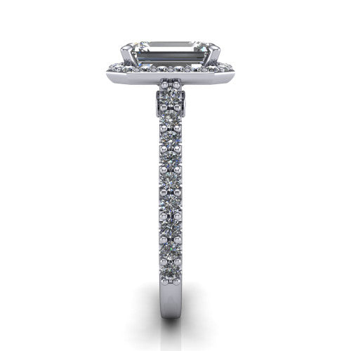 Rowan emerald halo engagement ring in 18K White Gold, side profile showing the pavé diamonds running down the shank and the hidden gallery accent