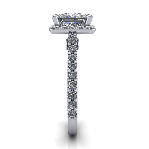 Rowan princess halo engagement ring in 14K White Gold, side profile showing the pavé diamonds running down the shank and the hidden gallery accent