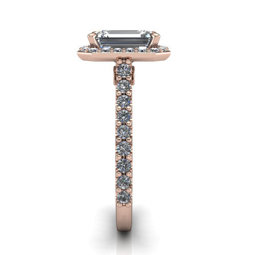Rowan emerald halo engagement ring in 18K Rose Gold, side profile showing the pavé diamonds running down the shank and the hidden gallery accent