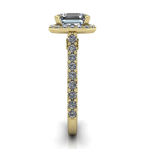 Rowan asscher halo engagement ring in 14K Yellow Gold, side profile showing the pavé diamonds running down the shank and the hidden gallery accent