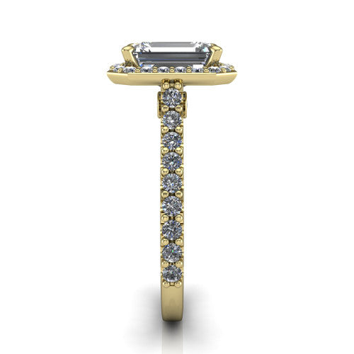 Rowan emerald halo engagement ring in 14K Yellow Gold, side profile showing the pavé diamonds running down the shank and the hidden gallery accent