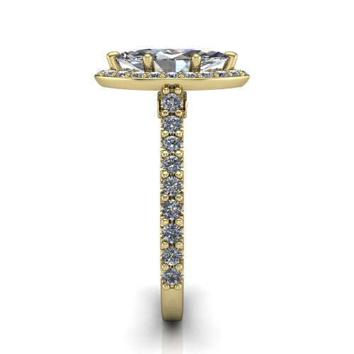 Rowan marquise halo engagement ring in 18K Yellow Gold, side profile showing the pavé diamonds running down the shank and the hidden gallery accent