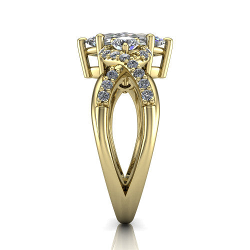Amara marquise three stone engagement ring in 18K Yellow Gold, side profile showing the pavé rails crossing in an infinity twist beneath the head
