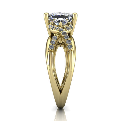 Amara princess three stone engagement ring in 14K Yellow Gold, side profile showing the pavé rails crossing in an infinity twist beneath the head