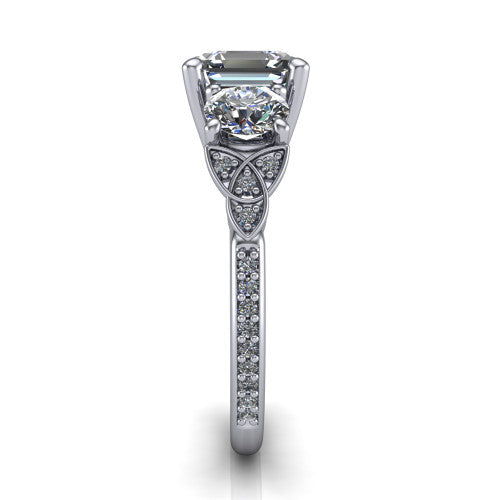 Zion asscher three stone engagement ring in 18K White Gold, side profile showing the trinity-knot shoulder and the pavé diamonds running down the shank