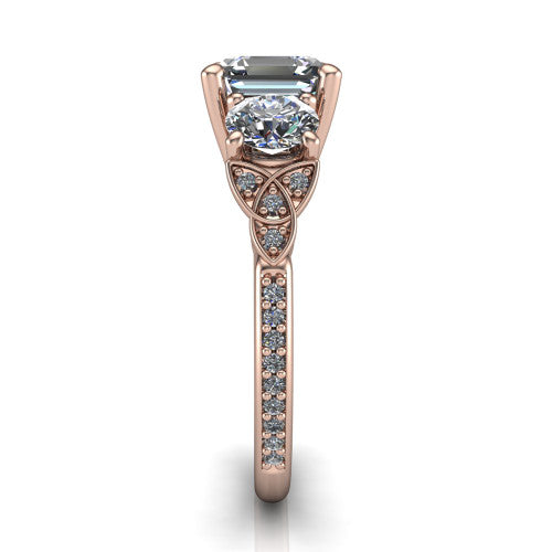 Zion asscher three stone engagement ring in 14K Rose Gold, side profile showing the trinity-knot shoulder and the pavé diamonds running down the shank