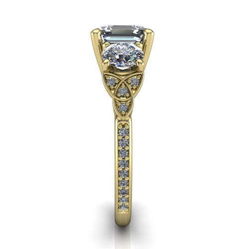 Zion asscher three stone engagement ring in 18K Yellow Gold, side profile showing the trinity-knot shoulder and the pavé diamonds running down the shank