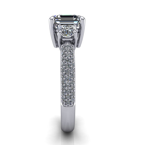 Valentina Square Emerald Shape Three Stone Engagement Ring in Platinum