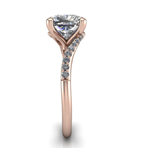 Aurora cushion classic engagement ring in 18K Rose Gold, side profile showing the bypass shank crossing under the head into a diamond-lined band