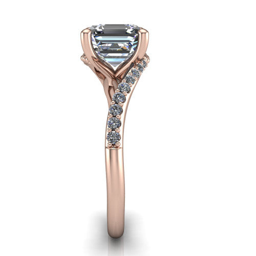Aurora asscher classic engagement ring in 14K Rose Gold, side profile showing the bypass shank crossing under the head into a diamond-lined band