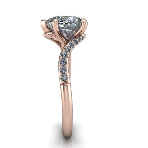 Aurora heart classic engagement ring in 18K Rose Gold, side profile showing the bypass shank crossing under the head into a diamond-lined band