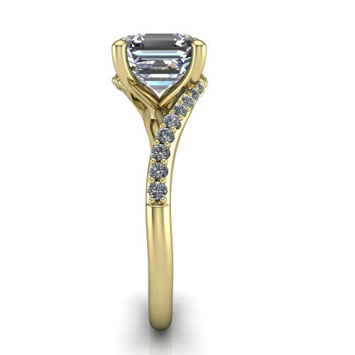Aurora asscher classic engagement ring in 14K Yellow Gold, side profile showing the bypass shank crossing under the head into a diamond-lined band