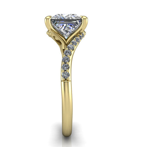 Aurora princess classic engagement ring in 14K Yellow Gold, side profile showing the bypass shank crossing under the head into a diamond-lined band