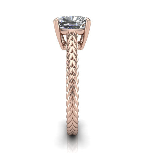 Jayden cushion classic engagement ring in 18K Rose Gold, side profile showing the plaited rope braid running down the band