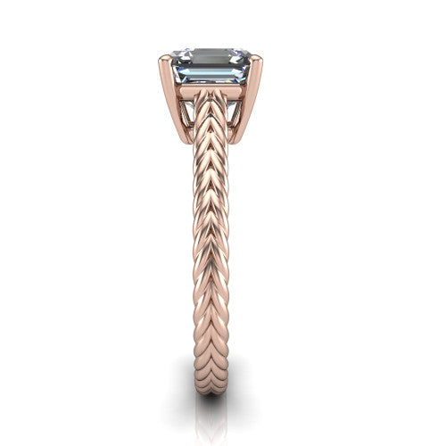 Jayden asscher classic engagement ring in 14K Rose Gold, side profile showing the plaited rope braid running down the band
