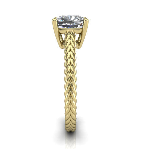 Jayden cushion classic engagement ring in 14K Yellow Gold, side profile showing the plaited rope braid running down the band