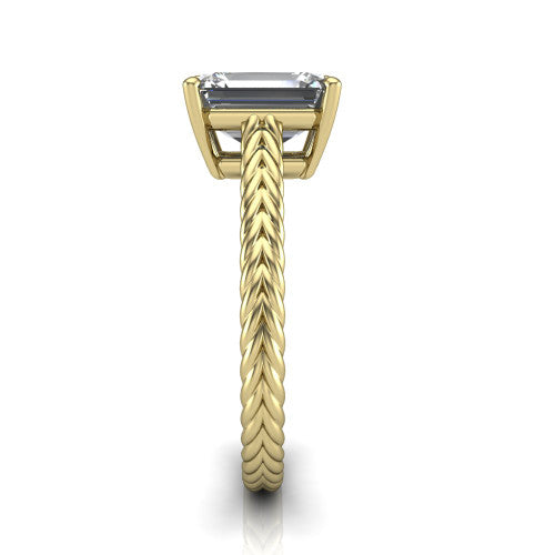 Jayden emerald classic engagement ring in 18K Yellow Gold, side profile showing the plaited rope braid running down the band