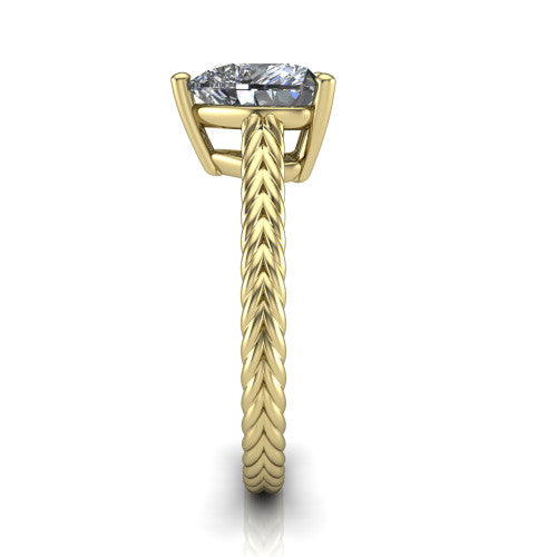 Jayden heart classic engagement ring in 18K Yellow Gold, side profile showing the plaited rope braid running down the band
