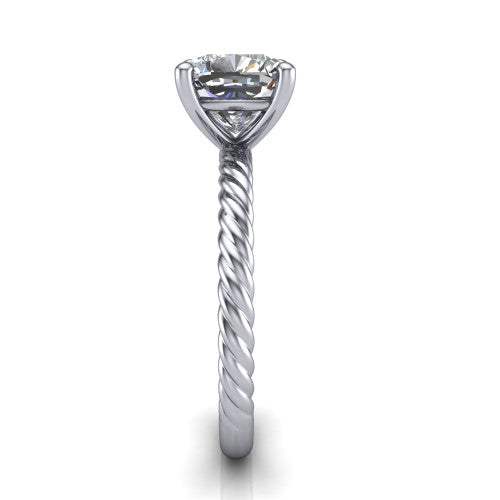 Nova cushion rope solitaire engagement ring in Platinum, side profile showing the twisted rope band and the open basket beneath the cushion center