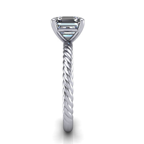 Nova square emerald rope solitaire engagement ring in Platinum, side profile showing the twisted rope band and the open basket beneath the square emerald center