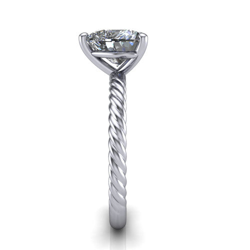 Nova heart rope solitaire engagement ring in 18K White Gold, side profile showing the twisted rope band and the open basket beneath the heart center