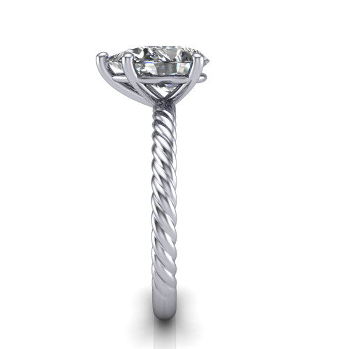 Nova pear rope solitaire engagement ring in 14K White Gold, side profile showing the twisted rope band and the open basket beneath the pear center