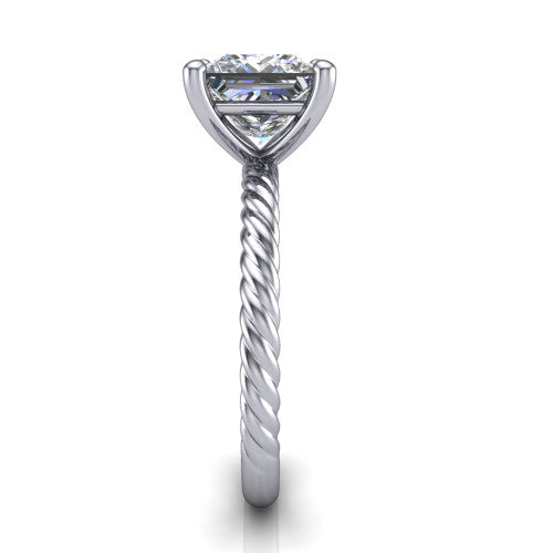 Nova princess rope solitaire engagement ring in Platinum, side profile showing the twisted rope band and the open basket beneath the princess center
