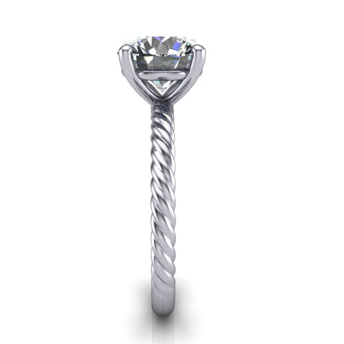 Nova round rope solitaire engagement ring in 14K White Gold, side profile showing the twisted rope band and the open basket beneath the round center